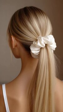 Woman styling long blonde hair with a large scrunchie in a simple, elegant hairstyle at home
