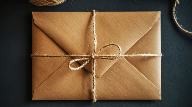 Brown kraft paper envelope tied with natural twine on a dark surface