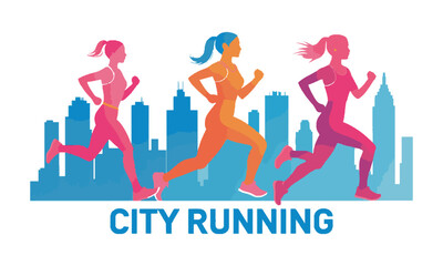 Modern vector illustrator featuring three women runners in a dynamic motion-inspired silhouette, city running logo design, running marathon in city, easily editable and scalable.