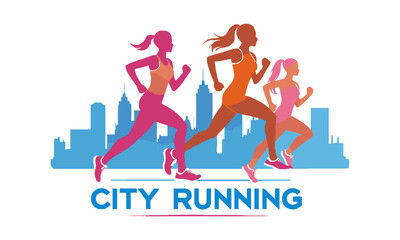 Modern vector illustrator featuring three women runners in a dynamic motion-inspired silhouette, city running logo design, running marathon in city, easily editable and scalable.