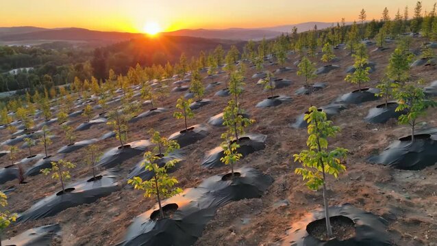 Beautiful sunset over new plantation reforestation area revealing commitment to environmental sustainability and conservation