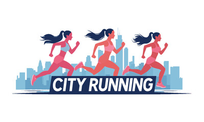 Modern vector illustrator featuring three women runners in a dynamic motion-inspired silhouette, city running logo design, running marathon in city, easily editable and scalable.