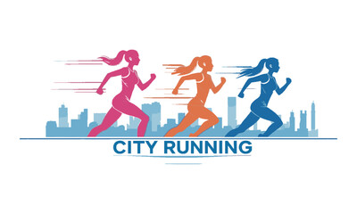 Modern vector illustrator featuring three women runners in a dynamic motion-inspired silhouette, city running logo design, running marathon in city, easily editable and scalable.
