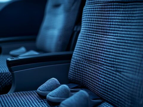 Two spacious airline seats with stylish houndstooth pattern are accompanied by soft slippers, inviting passengers to relax in comfort during a nighttime journey.