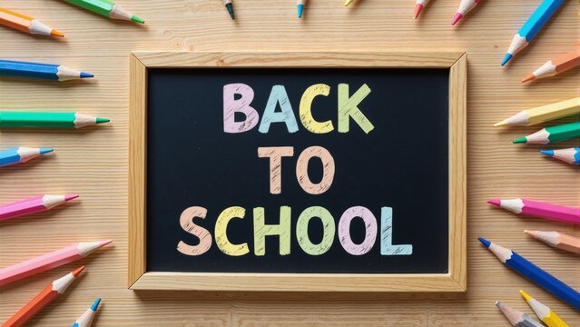 Chalkboard displays Back to School in colorful letters surrounded by vibrant colored pencils on a wooden table