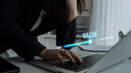 Value measurement and adjustment concept showing value, performance, and optimization level with...