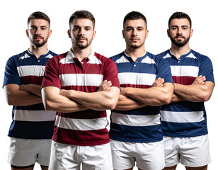 Four rugby players standing with their arms crossed, wearing blue and maroon striped transparent background.