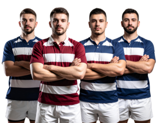 Four rugby players standing with their arms crossed, wearing blue and maroon striped transparent background.