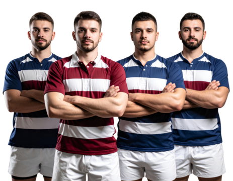 Four rugby players standing with their arms crossed, wearing blue and maroon striped transparent background.