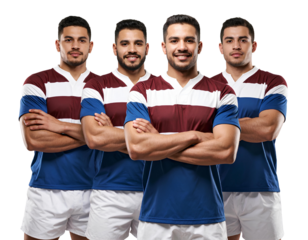 Four rugby players standing with their arms crossed, wearing blue and maroon striped transparent background.