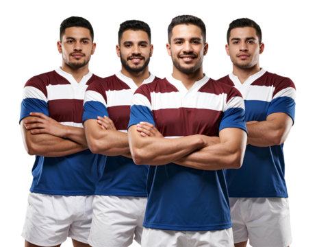 Four rugby players standing with their arms crossed, wearing blue and maroon striped transparent background.