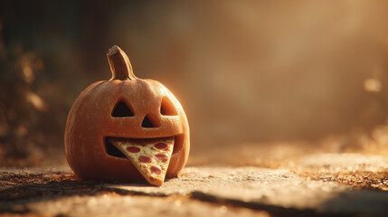 A carved pumpkin with triangular eyes and cut-out mouth holds a slice of pepperoni pizza inside. The scene is outdoors, lit by warm sunlight, with autumn leaves scattered.