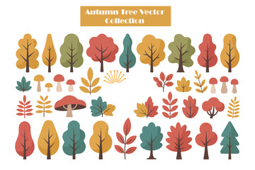 A comprehensive collection of autumn trees, leaves, and mushrooms isolated on transparent background