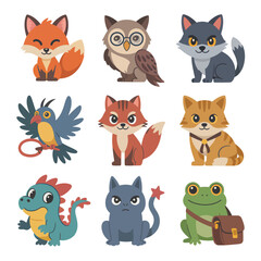 A delightful collection of nine cute cartoon forest animals isolated on transparent background