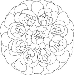 Black outline floral mandala design with layered petals flower