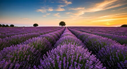 Fototapeta premium Lavender fields under a golden sky.jpg