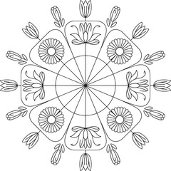 Black outline floral mandala with geometric patterns abstract border
