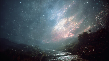 Fototapeta premium A night scene with a river reflecting light under a star-filled sky. The view includes trees and hills, with a glowing galaxy stretching across the sky in soft colors.