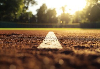 Close-up of a baseball field baseline at sunset.  Sunlight streams through trees in the background.  Focus on the white line marking the base path