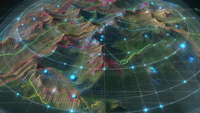 Top View of Holographic Terrain Display &ndash; Futuristic Sci-Fi High-Tech Interface with Glowing 3D Map