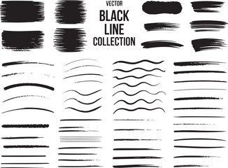 Vector set of hand drawn black brush strokes, ink lines, and grunge dividers isolated on white background.
