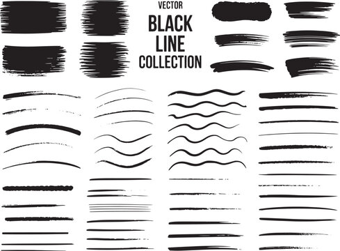 Black ink paint brush strokes and grunge line vector collection. Hand drawn freehand smears, underlines, dividers, decorative borders. Dirty artistic brushstroke set isolated on white background.