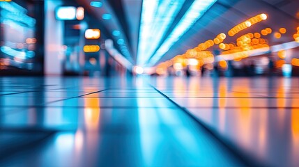 Blurry urban tunnel, vibrant neon lights reflecting on tiled floor