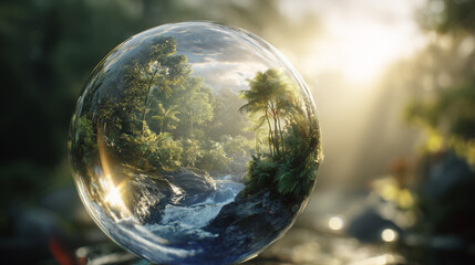 A lush tropical forest with a river is encapsulated in a crystal sphere. Sunlight filters through trees, creating reflections that emphasize natural beauty within the glass.