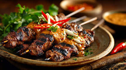 Delicious grilled satay skewers served on plate. Traditional Asian street food with smoky flavor, perfect for culinary, restaurant, and food culture themes.