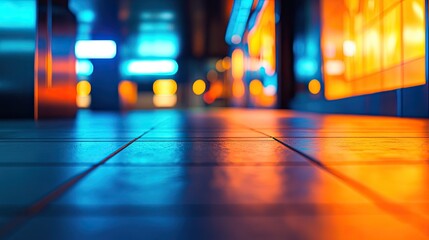 Night city street, vibrant neon lights reflecting on tiled floor