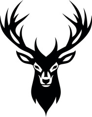 Black deer icon on white background, elegant silhouette design representing wildlife, strength, and nature in minimalist vector style