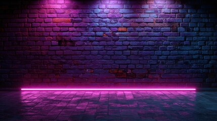 Ultra quality image of 5. Bright pink purple neon glow on brick wall with copy space for radio or comedy show promotion.
