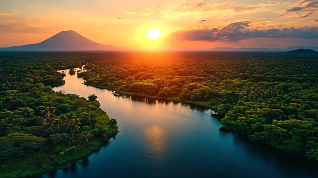 Breathtaking Aerial View of a River Flowing Through a Lush Green Forest at Sunset