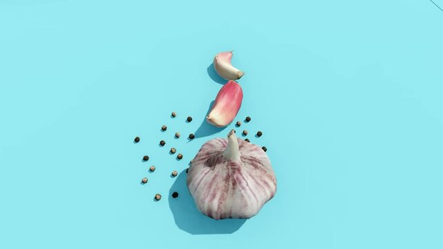 Fresh garlic bulbs and scattered peppercorns on a light blue studio surface.