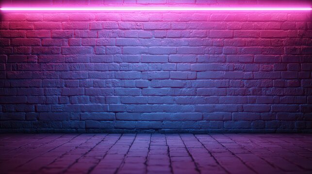 Ultra quality image of 7. Pink purple neon light on brick wall background with blank space for festival or podcast promo.