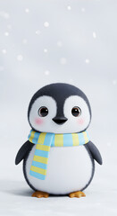Obraz premium Cartoon penguin with a striped scarf in winter wonderland scene is adorable