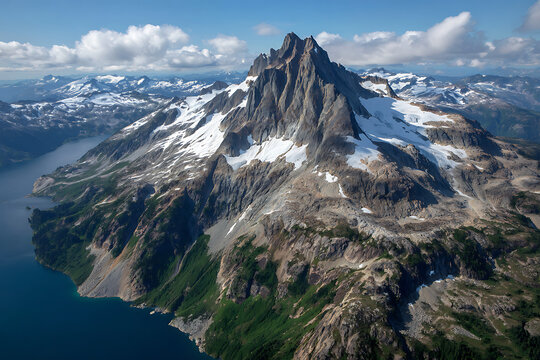 Aerial View Majestic Snowcapped Mountain Range Coastal Fjord Deep Blue Water Green Vegetation Rocky Terrain Dramatic Peaks - Powered by Adobe