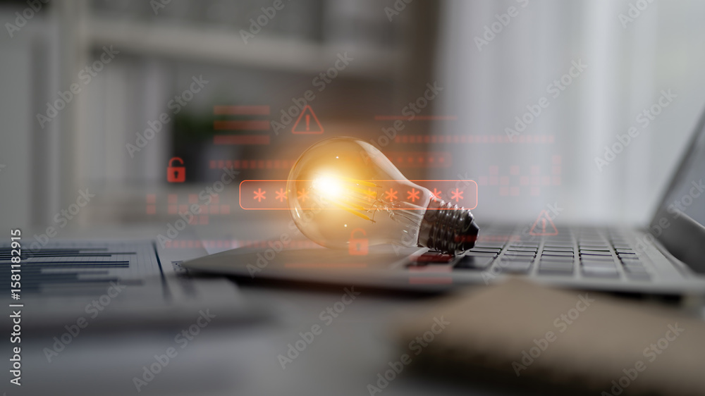 Poster password security breach warning with red asterisk box, cybersecurity alert, lock icons, and critica