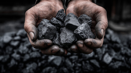 Obraz premium Hand holding raw coal ore, symbol of mining industry, energy source, natural resource, fossil fuel material.