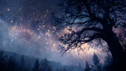A leaning tree stands in a grassy field under a star-filled night sky. The Milky Way appears in the background, blending with faint clouds and distant silhouettes of hills.
