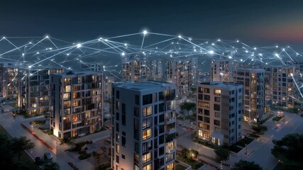A colorful digital depiction of a smart city network where residential buildings are illuminated by glowing connections highlighting the synergy of IoT and intelligent systems for enhanced - Powered by Adobe