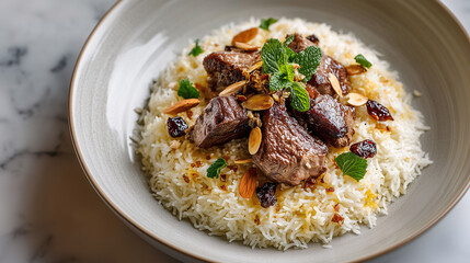 Naklejka premium Exquisite Culinary Delights: A meticulously crafted plate showcases a tantalizing arrangement of expertly prepared lamb, glistening rice, and aromatic herbs, presented with artistic precision