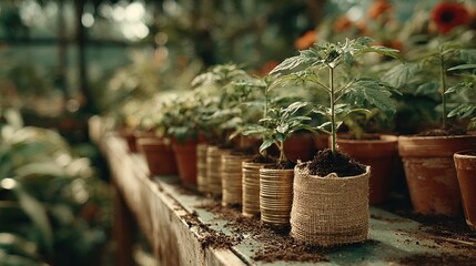 Small tomato plants in terracotta pots, greenhouse setting
