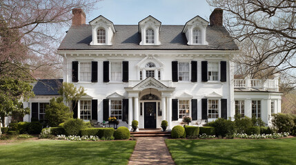 Elegant Colonial Revival house exterior with classic details, white facade, large windows, and timeless architectural charm.