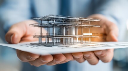 A close-up of an architect holding a detailed building model and blueprints.