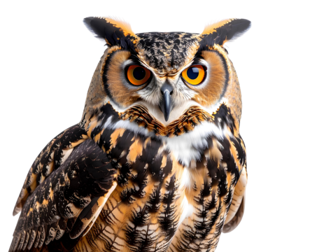 Owl, transparent background, color photography, PNG format, photorealistic style,