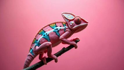 Pink chameleon on pink background. 