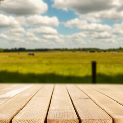 Natural countryside scene with an empty wooden table with product placement space. Organic farming,...