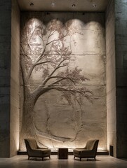 Sculpted tree mural in a modern lobby
