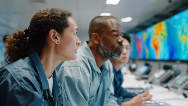 Diverse team analyzing data on monitors in a modern control room - Powered by Adobe
